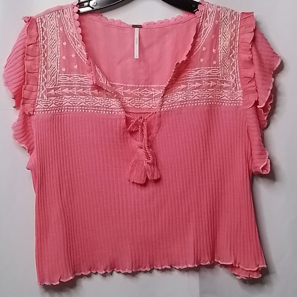FREE PEOPLE SARAFINA IN PINK LEMONADE COMBO EMBROIDERED DETAIL TOP SIZE S